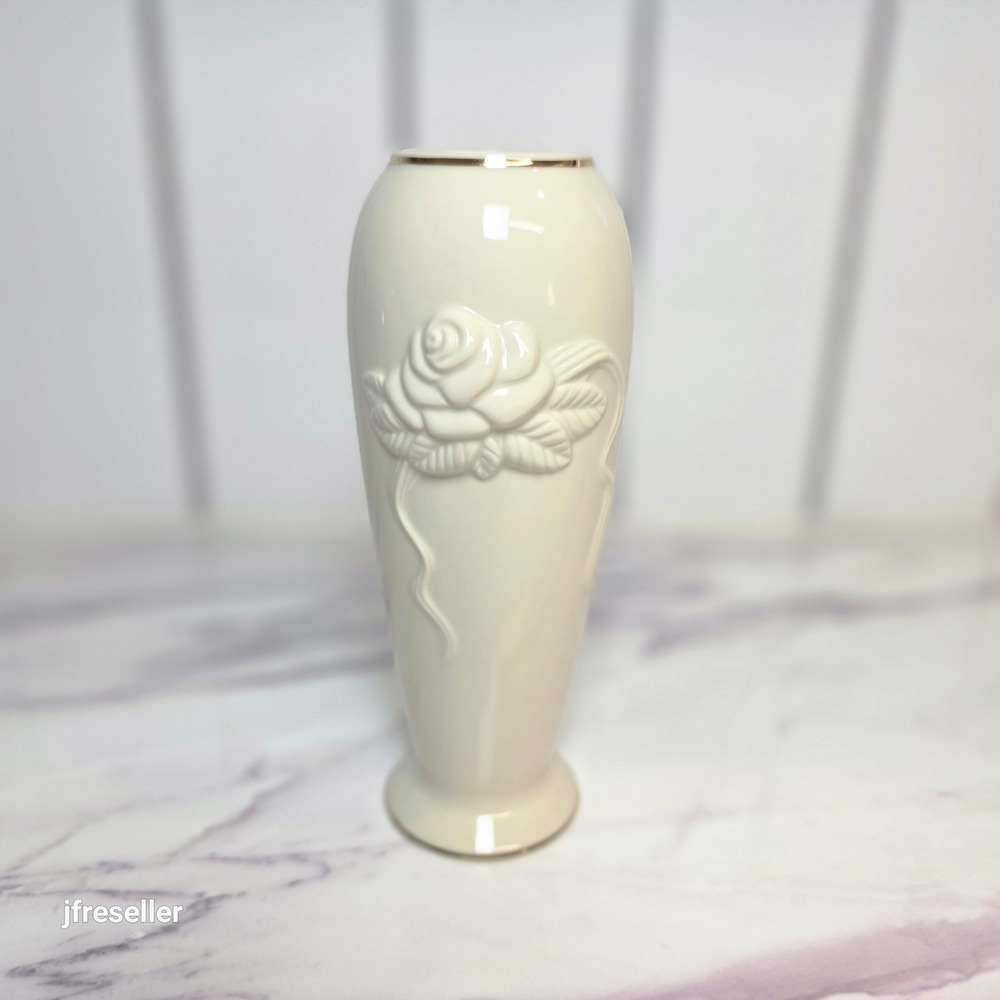 Lenox Rose Blossom Vase Collection Cream Embossed 24K Gold Trim 7" Ivory China